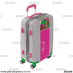 Pretty pink and green luggage Pink Luggage, Skee Wee, Alpha Kappa Alpha, Unique Personalized Gift, Everything Pink, Signature Cocktail, Black And White Abstract, Pink Stripes, Black Stripes