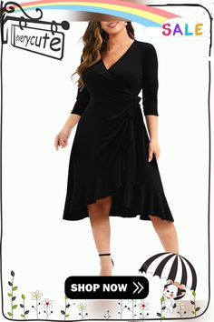 Black V Neck Ruffle Hem Plus Size Dress Black Ruffle Hem Midi Dress For Fall, Black Midi Dress With Ruffle Hem For Brunch, Black Knee-length Ruffle Dress For Spring, Black Knee-length Ruffle Dress, Black V-neck Dress With Ruffles, Elegant Black V-neck Ruffle Dress, Black V-neck Surplice Dress For Summer, Black Knee-length Dress With Ruffle Hem, V-neck Midi Dress With Ruffle Hem In Rayon