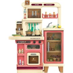 an old fashioned toy stove and oven with various items on it's top shelf