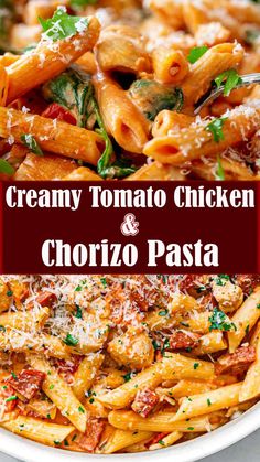 creamy tomato chicken and chorizo pasta in a white bowl with parmesan cheese