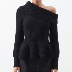 Alexander Mcqueen's Black Sweater Is Rib-Knitted From A Cashmere Blend For A Sumptuous Feel And Has Elegant Peplum Ruffles At The Hem For A Dramatic Note. Alexander Mcqueen Made In Italy Knit Sweater One Shoulder Ruffle Peplum Hem In Great Condition Recently Dry Cleaned Approximate Measurements Are Shown In Photos The Sweater Is A Size Small Listing As An Extra Small The Heavy Weight Knit Loom On Darts Does Expand And May Look Like Holes But There Are None. Suited For A Smaller Frame. Reasonable Offers Welcome Not Eligible For Bundle Discount It's A Breeze To Style, And Effortless To Wear And Pair. Please Ask Any Questions You May Have Prior To Purchase All Items Have Been Laundered Black Fitted Off-shoulder Sweater, Fitted Off-shoulder Black Sweater, Fitted Black Off-shoulder Sweater, Winter Evening Knit Top, Knit Loom, Cotton Poplin Dress, Denim Midi Dress, Twill Jacket, Cashmere Blend Sweater