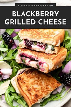 blackberry grilled cheese sandwich on a plate with fresh berries and greens in the background