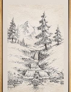 a black and white drawing of a mountain stream