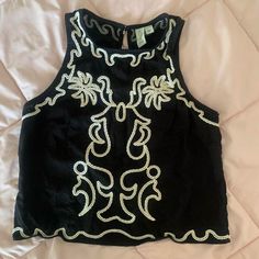 Not A Lot Of Stretch, Chest Is 30”, Length Is 18” Never Worn, Like New Chic Embroidered Tops For Night Out, Fitted Black Embroidered Top For Summer, Embroidered Tops For Spring Night Out, Casual Fitted Black Embroidered Top, Tan Tank Top, Striped Halter Top, Embroidered Tank Top, Boho Tank Top, Silk Sleeveless Top