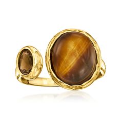 Ross-Simons - Tiger Eye, .30ct Smoky Quartz Toi et Moi Ring Over Sterling. Size 6. French for "you and me," Toi et Moi rings are a unique way to celebrate a special relationship in your life. Wear our on-trend, two-stone designs as a sentimental symbol of romance, friendship, family - or simply treat yourself to double the sparkle! This earthy statement features a 12x10mm oval tiger eye cabochon beside a rich .30 carat oval smoky quartz. Finely crafted in hammered and polished 18kt yellow gold o