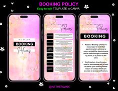 three pink and black iphone cases with the words booking policy written on each one