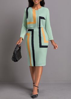 Function : Stretch Design Selling Point : Two Piece,Split,Bodycon Package Contents : 1 X Dress , 1 X Cardigan Color : Sage Green Printing Design : Geometric,Striped Clothing Length : Midi Sleeve's Length : Long Sleeve Neckline : Round Neck Sleeve Style : Regular Sleeve Season : Autumn,Spring Style : Elegant,Work Occasion : Party, Wear to Work Composition : 95% Polyester 5% Spandex Washing Instructions : Hand Wash/Machine Wash See More Dress And Cardigan, Green Two Piece, Sage Green Dress, Halter Dress Summer, Short Sleeve Summer Dresses, Geometric Print Dress, Stripe Outfits, Long Sleeve Casual Dress, Dress With Cardigan