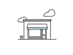 an outline drawing of a store front with clouds in the sky above it and a bench outside