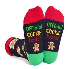 two pairs of socks that say official cookie tester and gingerbread cookies on them