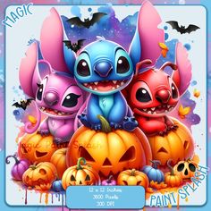 an image of three cartoon characters with pumpkins