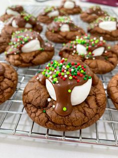 chocolate cookies with white and green sprinkles are arranged on a cooling rack