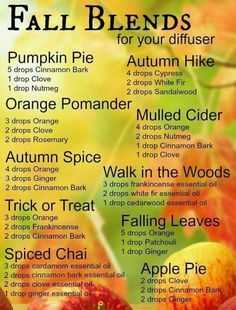 Pumpkin pie, orange pomander, autumn spice, trick or treat, spiced chai, autumn hike, mulled cider, walk in the woods, falling leaves, apple pie Fall Diffuser Blends, Oil Diffuser Recipes, Yl Essential Oils, Living Essentials Oils, Diffuser Recipes, Essential Oil Diffuser Blends, Young Living Oils