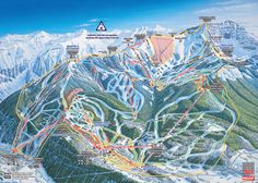 a large map of the ski area with many different locations to go on it and some snow covered mountains in the background