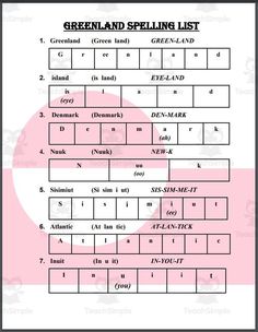 The Greenland Spelling List introduces students to new vocabulary related to the country of Greenland. This 4-page PDF packet includes a total of 13 spelling words to help build student knowledge. The list contains 10 regular spelling words like Greenland, island, Denmark, Nuuk, and Sisimiut. Also included are 3 bonus words to challenge students - Ilulissat, Greenlandic, and Gunnbjørn Fjeld. Each spelling word is broken down by syllables and sound spellings to support student learning. A pron...