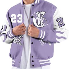 Brand Dunkare Low Pure Violet 11s Varsity Jacket The GOAT Flight Streetwear All Over Print Baseball Varsity Jacket Collegiate Style Outerwear With Pockets, Collegiate Long Sleeve Streetwear Outerwear, Collegiate Long Sleeve Outerwear For Streetwear, Purple Varsity Jacket For Fall Streetwear, Casual Purple Outerwear For College, Varsity Long Sleeve Outerwear For Sports Events, Casual Purple Varsity Jacket For College, Casual Purple Varsity Jacket For Winter, Winter College Purple Outerwear