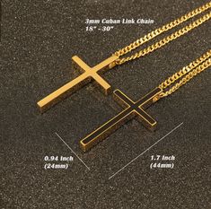 "▶ Mens cross necklace is highly polished shiny surface simple and classic design pendant with 3mm cuban chain. ▶ Silver, Gold cross pendant is reversible cross, black enamel filled front, plain gold silver tone on back. ▶ Mens cross pendant necklace - High quality 316L stainless steel is commonly used for jewelry because it will not oxidize or turn black with only minimal maintenance. ▶ Silver, Gold cross necklace - Cross Pendant size : Length - 1.7\"(44mm), Width - 0.94\"(24mm), Cross Chain si Black Curb Chain Jewelry For Gift, Black Curb Chain Necklace Gift, Black Cross Chain Necklace Gift, Gift Black Cross Chain Necklace, Black Cross Chain Necklace As Gift, Black Cross Necklace, Mens Cross Necklace, Necklaces For Men, Cross Necklaces