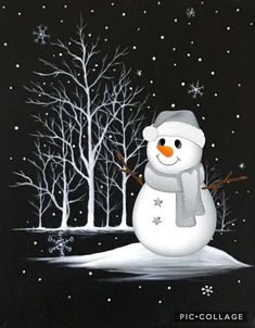 a painting of a snowman with trees in the background and stars on his nose