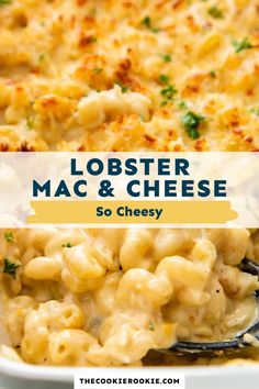 lobster macaroni and cheese in a white casserole dish with text overlay