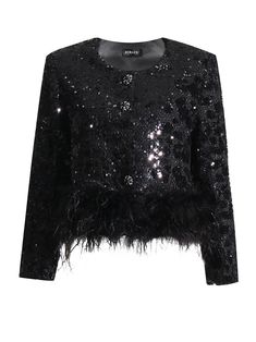 Material: Polyester, Cotton Sequins & Feathers Details Sample size: S Delicate dry clean Protect accessories before washing Our Style No. ZC_2021002695 Black Embellished Fall Blazer, Black Embellished Winter Outerwear, Embellished Black Blazer For Fall, Black Embellished Long Sleeve Outerwear, Black Embellished Evening Outerwear, Black Sequined Evening Outerwear, Winter Black Embellished Blazer, Black Embellished Long Sleeve Blazer, Winter Embellished Black Blazer