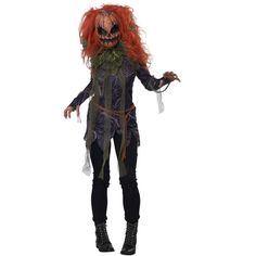 a woman dressed in an evil costume with long red hair and makeup, holding her hands out