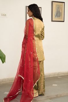 Green kurta with placement hand embroidery. Paired with a sharara with hand embroidered hem and red dupatta with embroidered buttis. - Aza Fashions Red Dupatta, Kurta Sharara Set, Kurta Sharara, Embroidered Hem, Women Kurta, Straight Kurta, Sharara Set, Set Women, Three Quarter Sleeves