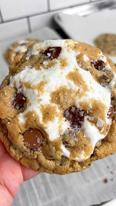 S'mores Stuffed Chocolate Chip Cookies Stuffed Cookies Recipes, Cookout Desserts, Stuffed Chocolate Chip Cookies, Chocolate Chips Cookies, Stuffed Cookies, Stuffed Jalapenos With Bacon, Cookout Food, Reeses Peanut Butter Cups, Reeses Peanut Butter