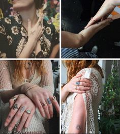 four different pictures of women with tattoos on their arms and hands, one is touching the other's hand