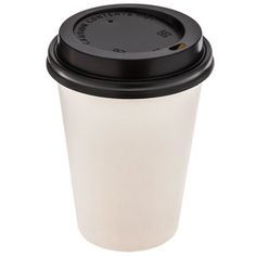 a white coffee cup with a black lid