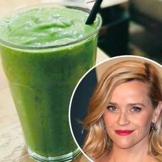 a woman with blonde hair is next to a green smoothie and a photo of her