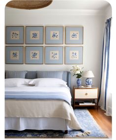 a bedroom with blue and white bedding, pictures on the wall above the bed