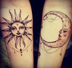 two sun and moon tattoos on both legs