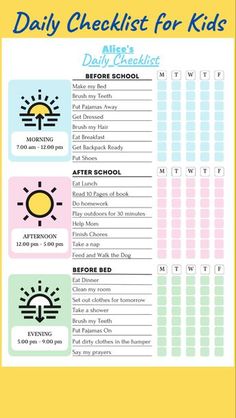 the daily checklist for kids is shown in blue and yellow, with sun on it