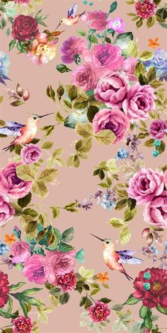 a pink background with flowers and birds on it