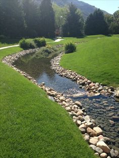 a stream running through a lush green field next to a park with mountains in the background