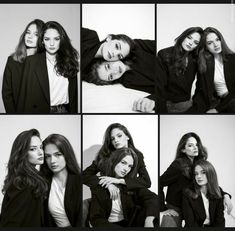 black and white photo collage of four women posing for the camera with their arms around each other