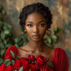 a woman in a red dress holding roses