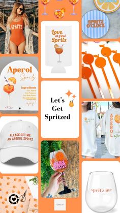 an orange and white collage with various items including hats, wine glasses, and other items