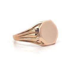 This antique signet ring in 10 karat rose gold is a timeless piece that exudes elegance and charm. The hexagon shaped ring face is smooth and could be engraved if you so choose. The shoulders of the ring have gorgeous grooved embellishments that give the ring its character. This fun antique ring is a great way to add some vintage charm to your collection. Platinum Rose Gold, Sapphire Solitaire, Unique Antiques, Shop Engagement Rings, Hexagon Shape, Antique Rings, Mens Wedding Bands, Signet Ring, Wedding Men