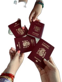 four people are holding their passport in the air with one person's hand reaching for them