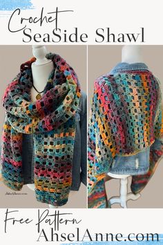 the crochet seasidee shawl pattern is shown in three different colors