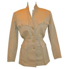 Rare Alaia Tan Brush Cotton "Safari" Jacket For Sale at 1stDibs Beige Single-breasted Utility Jacket, Beige Single Breasted Utility Jacket, Classic Beige Utility Jacket With Pockets, Classic Beige Utility Jacket With Flap Pockets, Beige Utility Jacket With Buttoned Pockets, Azzedine Alaia, Safari Jacket, Button Jacket, Brushed Cotton