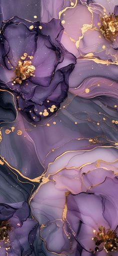 an abstract painting with gold and purple flowers