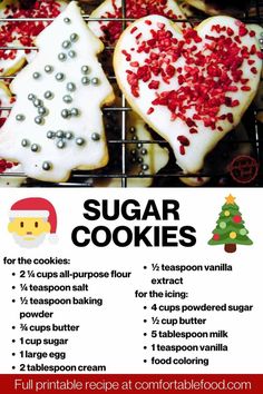 a recipe for christmas sugar cookies on a cooling rack