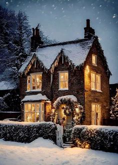 a house covered in snow with christmas lights