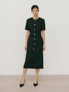 This is a minimal and feminine dress by Lucirzu that is made out of high quality and sturdy material. With distinctive mood of the design and comfortable wear, you can use it for your daily lifestyle.- Classic H line silhouette- Fringe detail on the front and hem- Modern and minimal mood Knee-length Tweed Midi Dress For Work, Elegant Black Tweed Dress For Spring, Black Short Sleeve Tweed Dress For Spring, Black Tweed Dress For Office In Spring, Black Tweed Dress With Short Sleeves For Spring, Spring Black Tweed Dress For Office, Spring Black Tweed Dresses, Spring Black Tweed Office Dress, Midi Length Tweed Dress For Work