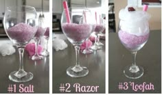 three different shots of wine glasses filled with pink and white sand, one has a straw in it