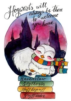 a watercolor drawing of an elephant hugging a stack of books with the words hogwart's will always be there to welcome you home