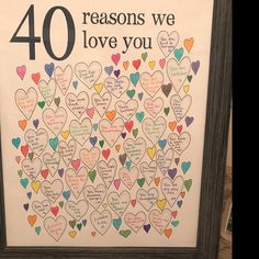 a framed poster with the words 40 reasons we love you written in hearts on it