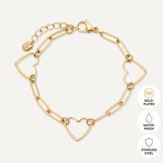 This charming piece features a series of open-heart charms connected by modern gold-plated links, creating a beautiful balance of romance and contemporary style. The delicate yet bold design makes this bracelet perfect for everyday wear or special occasions. Crafted with 18K gold-plated material, this bracelet is water-proof, tarnish-free, and hypoallergenic. The adjustable clasp ensures a secure and comfortable fit, making it an essential accessory for those who love to wear their heart on their sleeve. Product Code: DB2230K Collection: Vibes Type: Clasp Material: 18K Gold-Plated Stainless Steel Dimensions: Length 18-21cm Pendant Dimensions: Style: Heart, Modern Includes: Elegant Metal Heart Charm Bracelet, Elegant Gold Open Heart Bracelet, Elegant Metal Chain Bracelet With Heart Charm, Gold Double Heart Bracelet, Yellow Gold Heart Bracelet In Metal, Yellow Gold Metal Heart Bracelet, Yellow Gold Heart Bracelet, Elegant Gold-tone Heart Bracelet, Modern Heart Bracelet For Gift