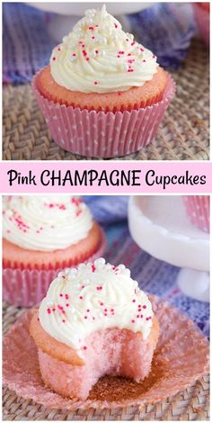 pink champagne cupcakes with white frosting and sprinkles on top